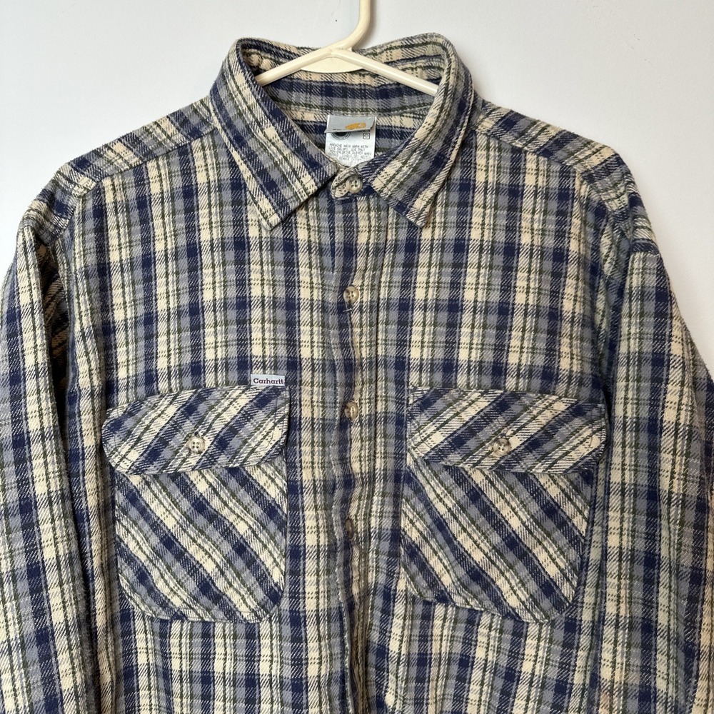 Vintage Carhartt Button Up Heavy Flannel Shirt Men XLT‎ Green Plaid Logo Rare